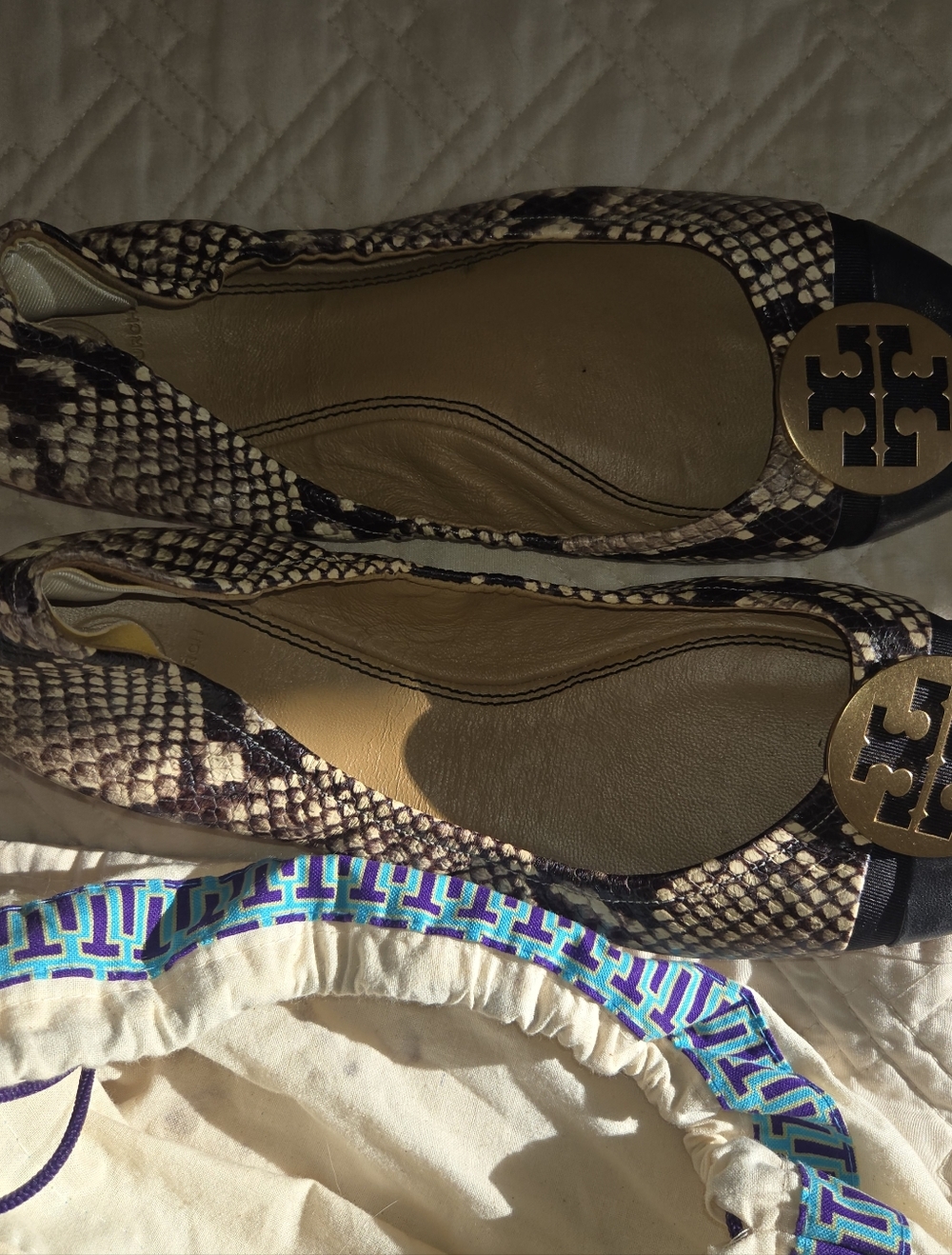 Tory Burch Brown Snake-Print Logo Ballet Flats